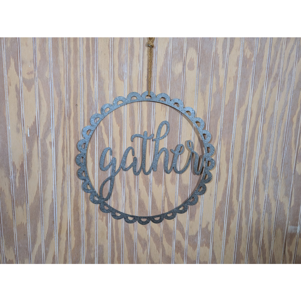 Fall / Rustic Metal Wall "Gather" Sign / Door Decor, 12 inch, Silver